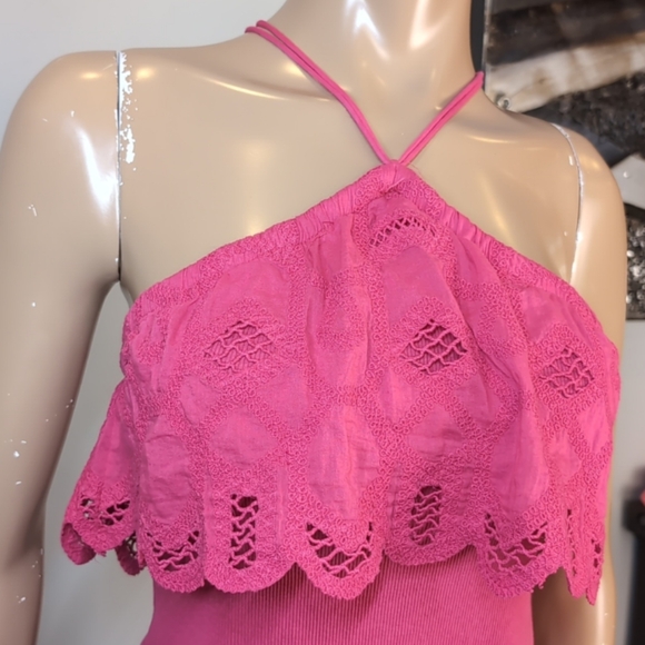 Anthropologie Ruffled Halter Top Womens XS Pink Embroidered Crochet Tank Blouse - Picture 7 of 16